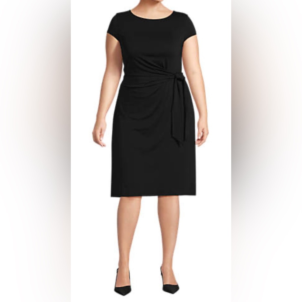 🔥NWT Lands End Plus Size Cap Sleeve Tie Waist Black Dress 1X 16W 18W